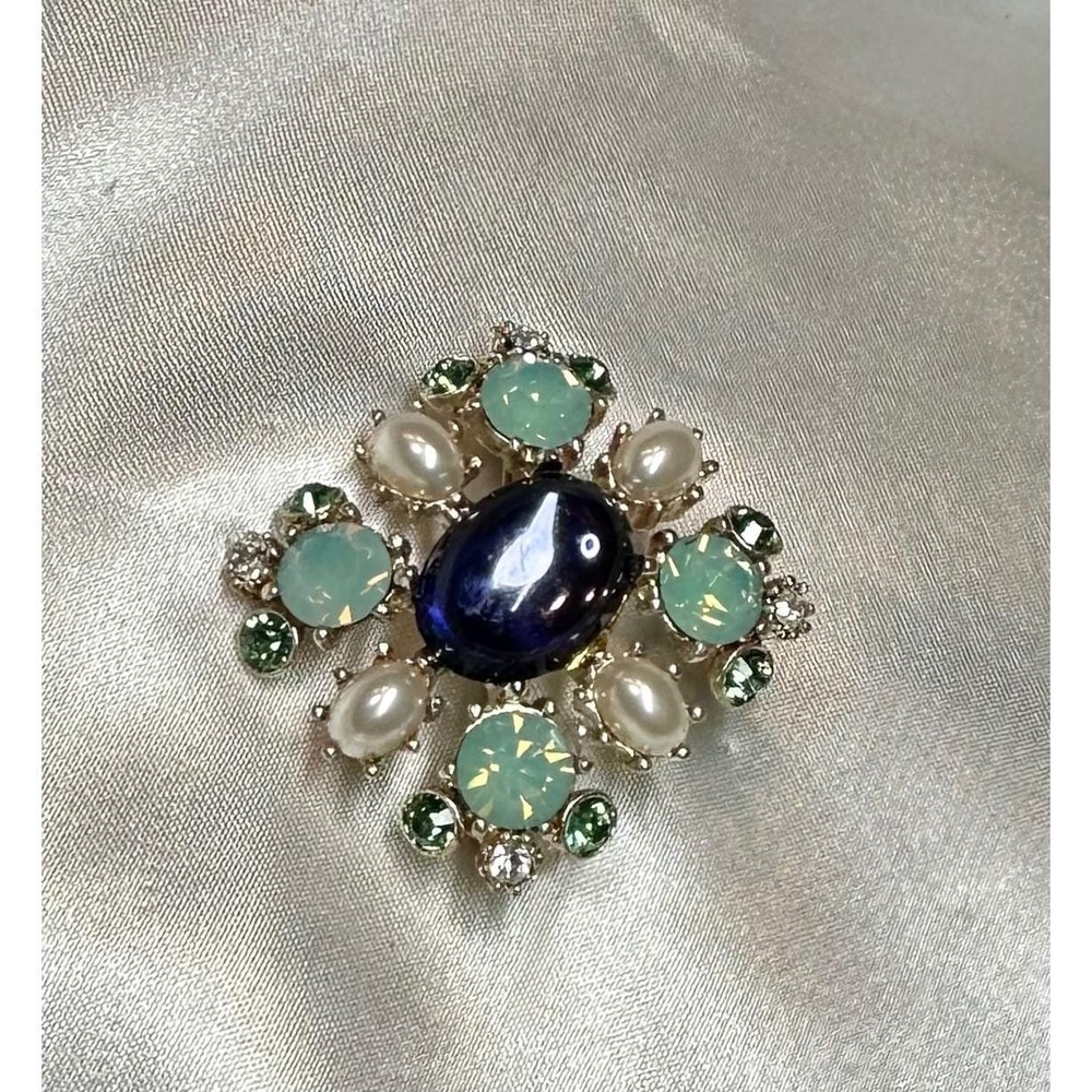 Vintage Maltese Cross Brooch Blue Moonglow Cabochon Faux Pearl Green Rhinestone